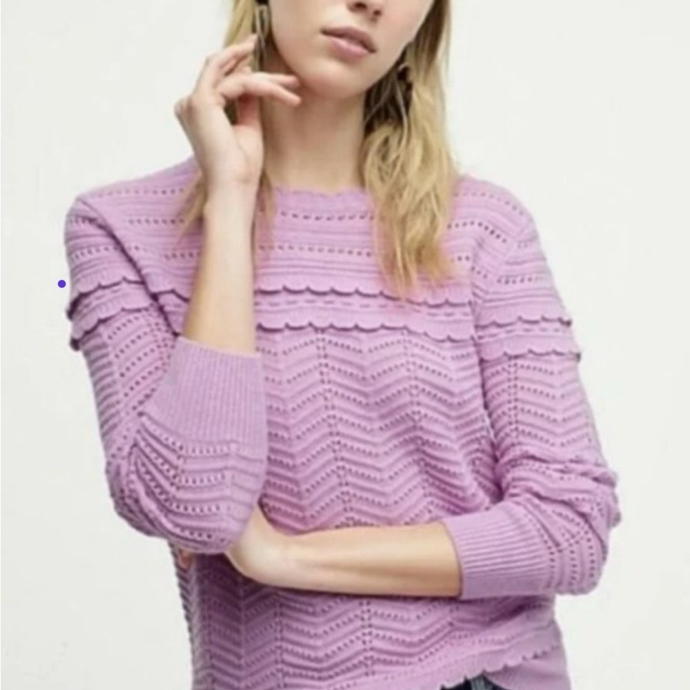 J.Crew Crewneck Scalloped Pointelle Lavender Knit Wool Blend Women's Sweater